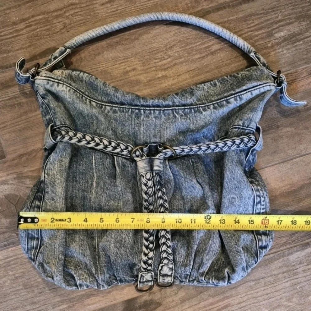 Vtg Denim Braided Detail Zipper Closure Boho Bohemian Hobo Shoulder Bag